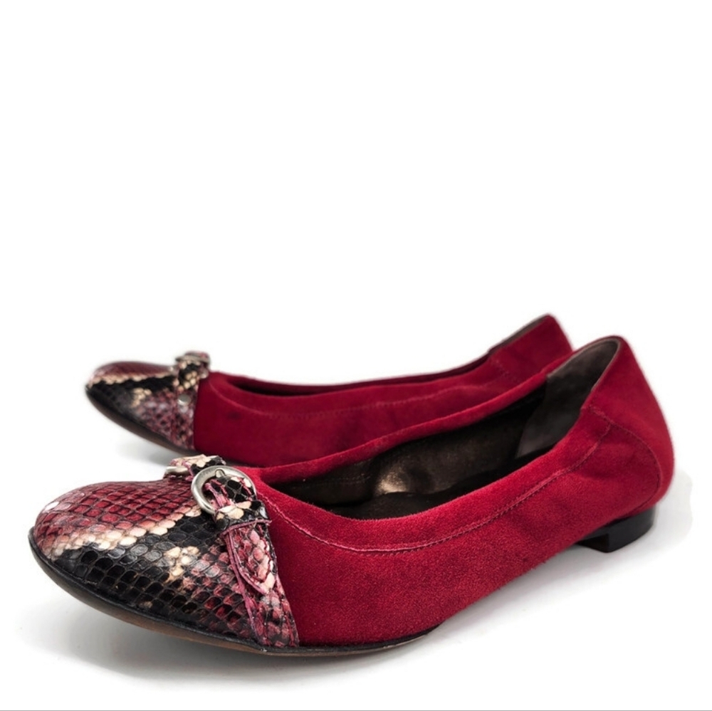 Attilio Giusti Leombruni Monika Dark Red Suede Snake Print Cap Toe Ballet Flats